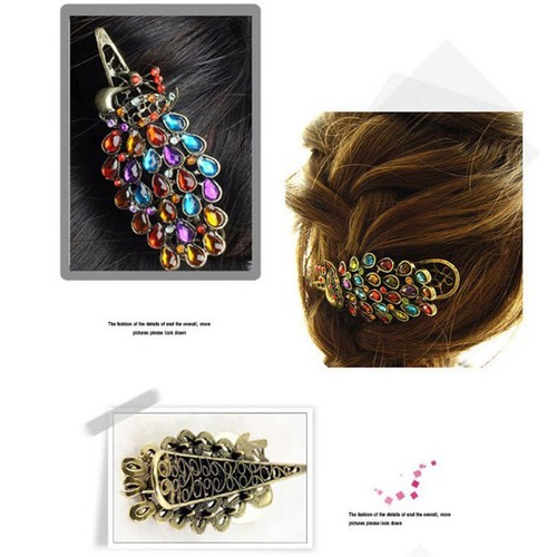 Dashing Vintage Women Crystal Rhinestone Peacock Hair Barrette Clip Hairpin