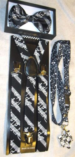 Details about  &nbsp;Black White MUSICAL NOTES PIANO KEYS Suspenders,Lanyard&matching Bowtie Bow Tie