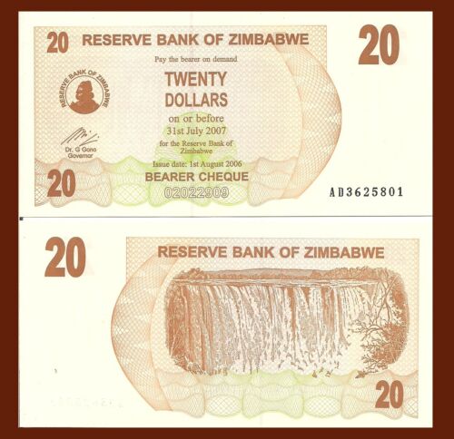 Zimbabwe P40, 20 Dollars, Bearer Cheque, Victoria Falls, UNC, 2007
