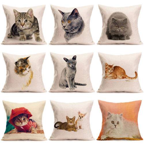 Cute Animal Cat  Linen Pillow Covers Sofa Pillow Case Car Seat Cushion Cover 18" 