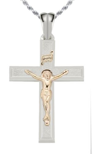 1 3//8in Solid 0.925 Sterling Silver /& 14k Gold Crucifix Cross Pendant Necklace