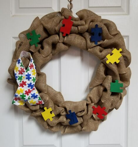 Autism Awareness Puzzle Pieces Burlap Wreath