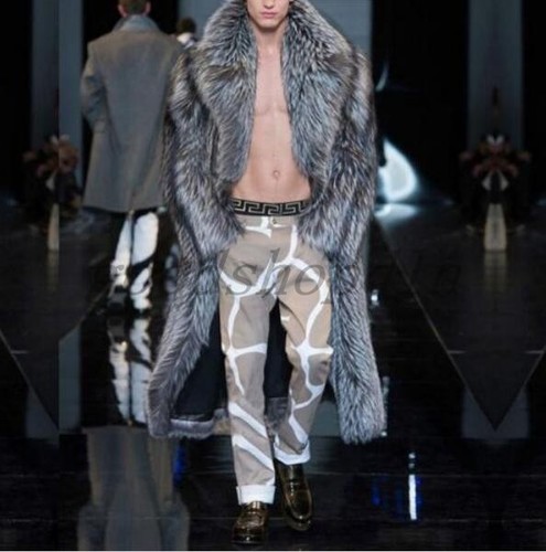 Fashion Winter Men Fur Long Jacket Lapel Trench Coat Outwear Warm Parka Overcoat
