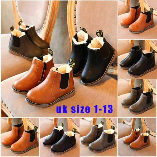 Kids Boys Girls Winter Warm Leather Fur Lined Shoes Ankle Boots Chelsea Shoes Fa