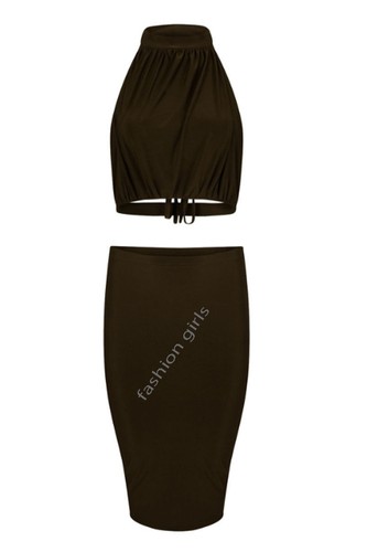 Womens New Ladies Halter Neck Two Piece Crop Top Slinky Bodycon Pencil Skirt Set