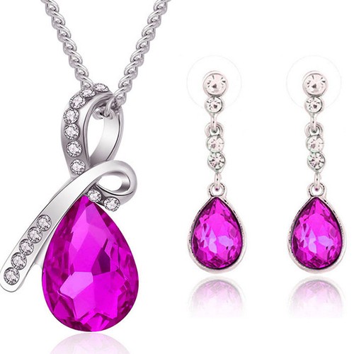 Women Crystal Drops Stud Earrings Necklace Pendant Jewelry Set For Wedding Party