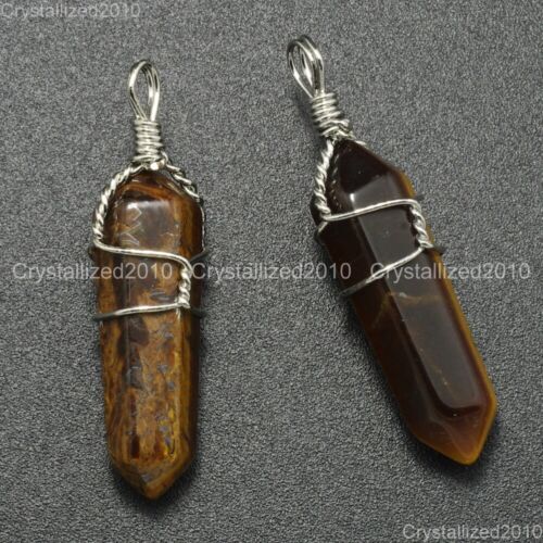 Natural Gemstone Hexagonal Point Reiki Chakra Pendant Necklaces Beads Wire Wrap