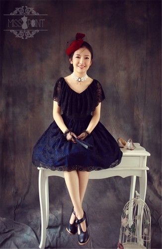 Lolita Gothic Palace Retro College Lace Black Short Dress