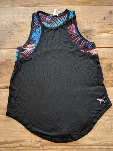 PINK VICTORIA/'S SECRET BLACK TROPICAL LOGO SUPERSOFT MESH HIGH NECK TANK TOP VS