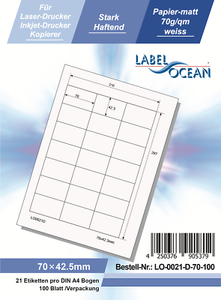 Laser Inkjet Kopierer Klebeetiketten DIN A4 weiß 70x42,3mm 100 Blatt