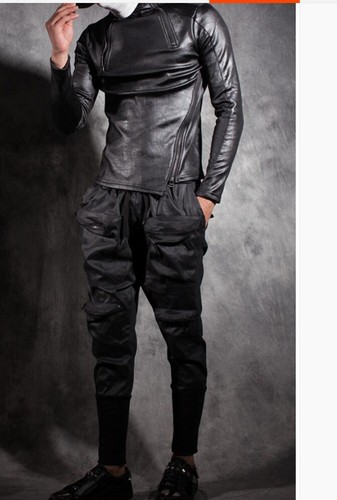 Mens Winter T-Shirt Slim Fit High Collar Leather Gothic Top Warm Thick Top Pants