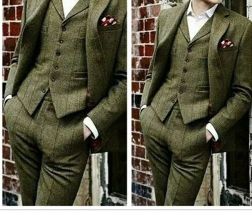 Custom 3 Pieces Olive Green Tweed Men's Suit Slim Fit 40 42 44 46 48 