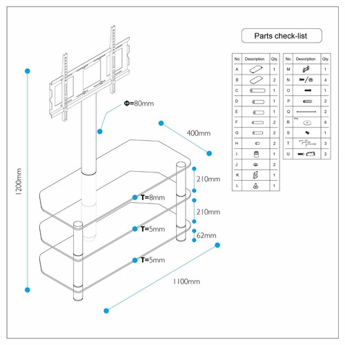 Glass TV Stand with Bracket for 32-52 inch LCD LED Plasma 3D VESA up to 600x400