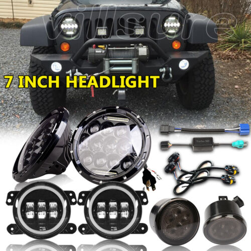 Turn Lights Fits 2007-17 Jeep wrangler 7" LED Headlights 4Inch Halo Fog Light 