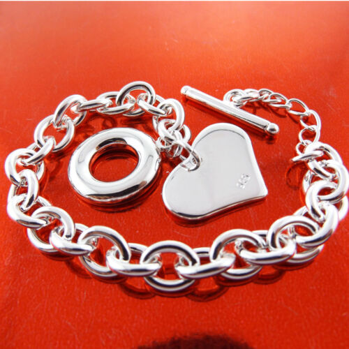 Bracelet Bangle Genuine Real 925 Sterling Silver S/F Solid Heart T'bar Design 