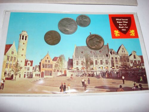 1965 NY New York Worlds Fair Belgian Village Post Card with 4 Uncirculated Coins 