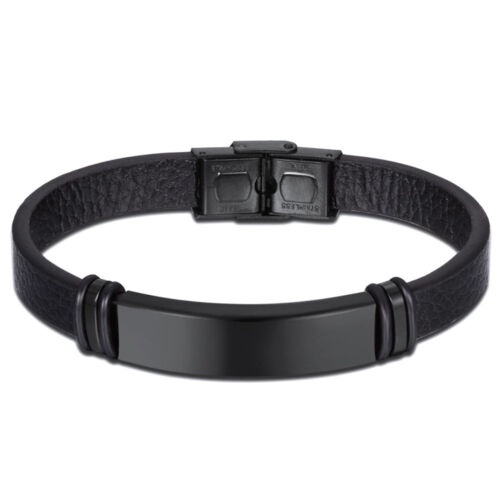 Mens Chunky ID Bracelet in Real Leather Stainless Steel Clip in Black 