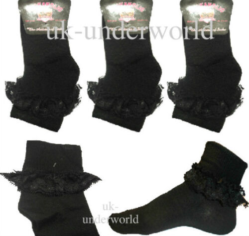 3 Pairs Ladies Girls Black Lace Trim Cotton Ankle Socks Adults Ruffle Top 
