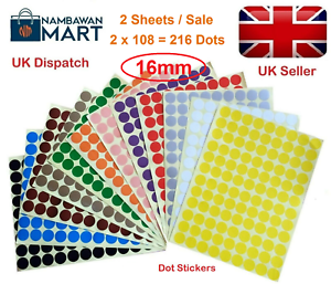 216 X 16 mm Dot Stickers Collant Adhésif Spot Rond Cercle papier label uk DS16-2