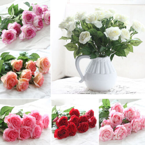 1/10/20Pcs Artificial Fake Rose Flower Wedding Bridal Bouquet Home Office Decor