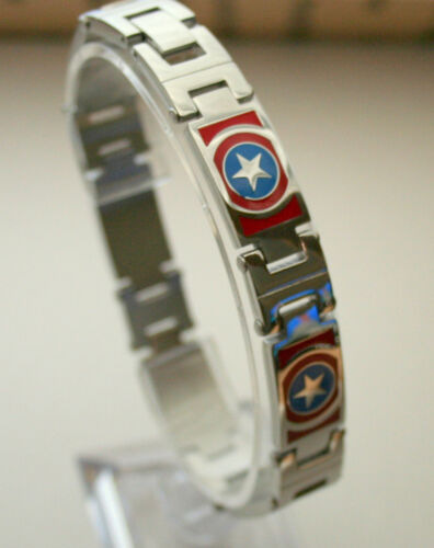 Marvel Comics Captain America Shield Mens RWB Stainless Steel Link Bracelet NOS 