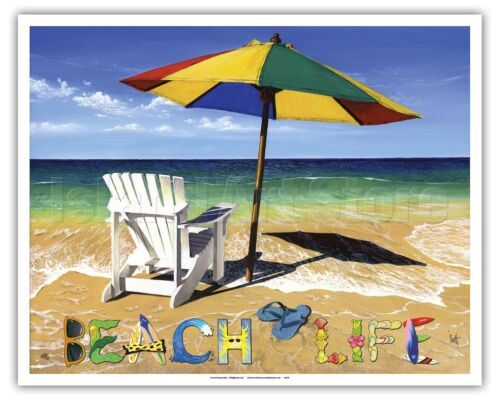 Beach Life Umbrella Ocean Vintage Original Painting Art Poster Print Giclée