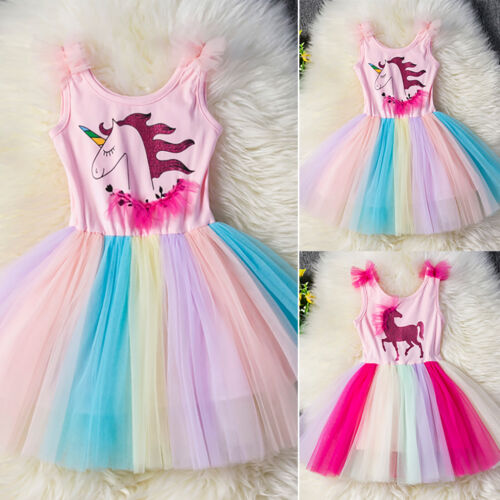 Kinder Mädchen Einhorn Sommer Kleid Prinzessin Partykleid Kostüm Freizeitkleid 