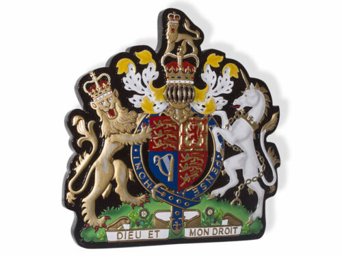 Royal Coat of Arms Dieu Et Mon Droit Handcrafted Solid Wood Plaque Seal Emblem