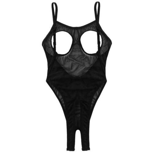 Women See Through Mesh Hollow Out Backless Open Crotch Thong Bodysuit Nightwear 