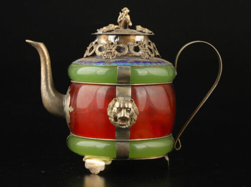 Chinese handwork old green /& Red jade bracelet inlay tibet-silver dragon teapot