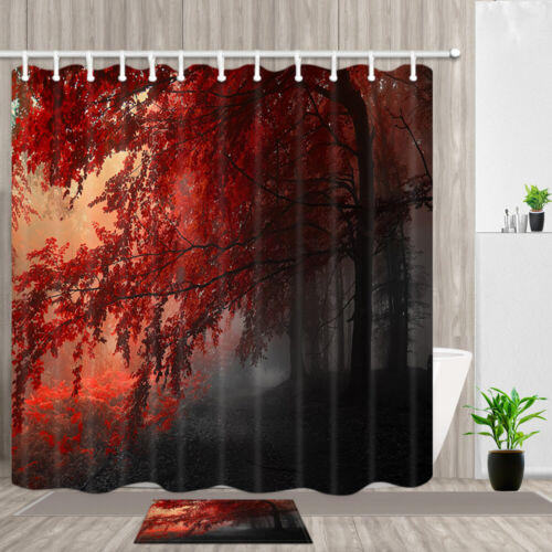 Nature Shower Curtain,Red Forest Decor for Bathroom Waterproof Bath Curtains