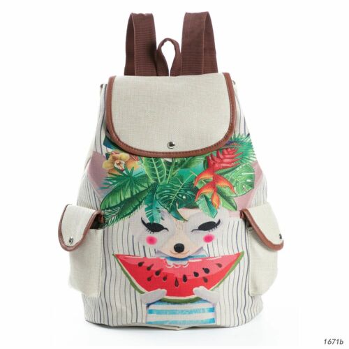 Casual Linen Backpacks Women Animal Print School Colorful Shoulder Travel Bag 