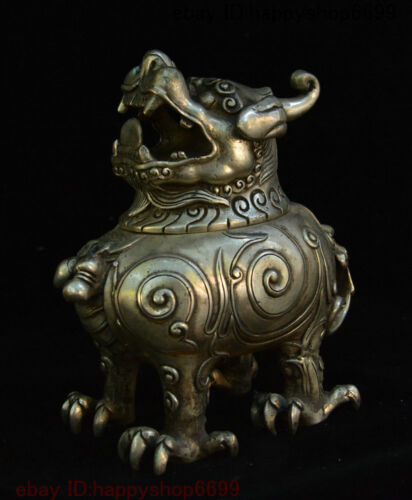 6" China Dynasty Palace Silver Pixiu Beast Fengshui Incense Burner Censer Statue 
