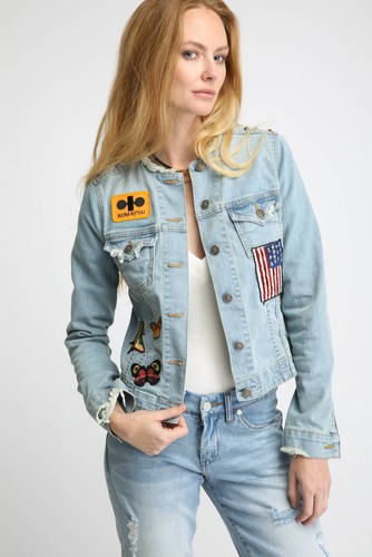 NWT $198 JET by John Eshaya Love Patched /& Studded Denim Jean Jacket sz M //L
