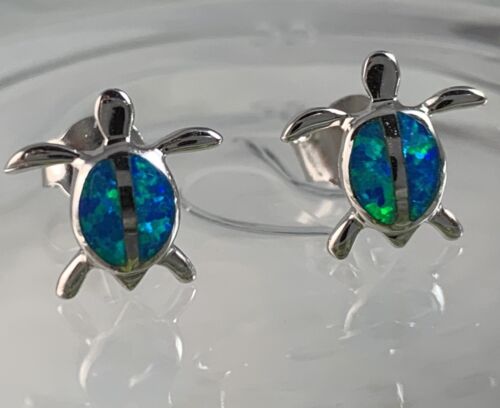 Hawaiian Blue Opal Honu Turtle 925 Sterling Silver Earrings Post Stud Hawaii 