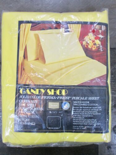 Sears Candy Shop Mustard Yellow Gold Queen Flat Sheet Perma Prest 70s Vintage 
