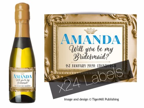 blue MINI Champagne Wine bottle labels Wedding Hen Birthday PERSONALISED gold