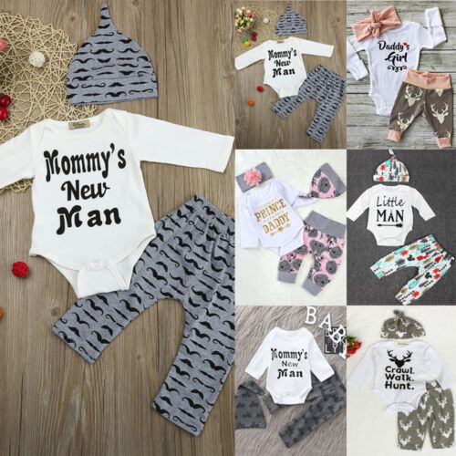 Long Pants Hat Outfits Clothes Xmas 3PC//4PC Newborn Baby Boy Girl Romper Tops