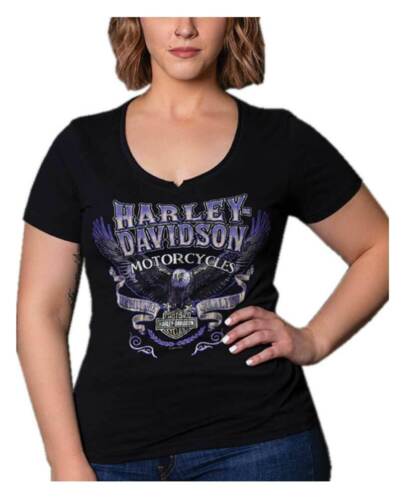 Black Harley-Davidson Women's Distressed Eagle V-Neck Short Sleeve Cotton Tee 