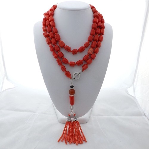 M011801 65/" Orange Coral Nugget Tassel Long Necklace