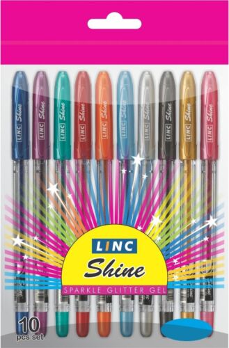 10 x Linc Shine Sparkled GLITTER Gel Pens 0.7 mm FINE Tip 10 colors 