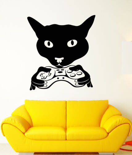 Vinyl Wall Decal Cat Head Gamer Joystick Video Game Room Stickers 1846ig