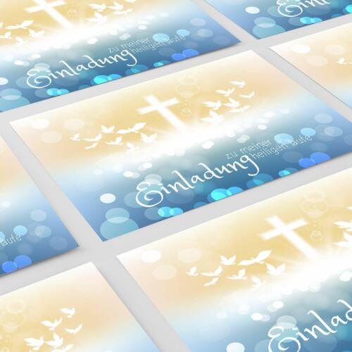 15 Einladungskarten Taufe Set Karte DIN A6 mit Umschlag hellblau Tauben Kreuz 