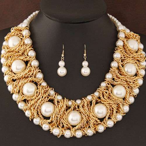 luxury Women's Pearl Chain Chunky Choker Statement Pendant Bib Necklace Set 