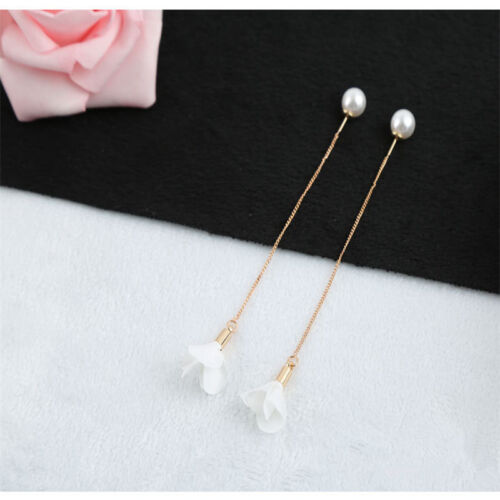 Women Fashion Gold Silver Plated Crystal Flower Drop Dangle Long Chain Earrings