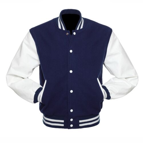 NavyBlue Wool White Real Leather Letterman College Varsity Bomber Jacket 2XS~4XL