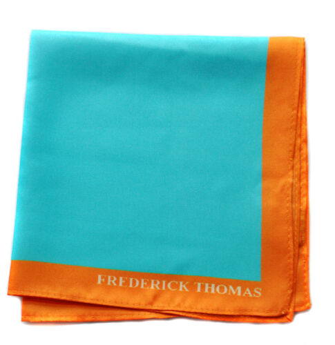 Frederick Thomas turquoise pocket square with orange edging handkerchief FT1662