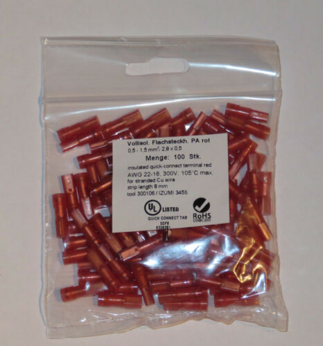 Flachsteckhülsen vollisoliert  2,8 x 0,5mm in rot transparent NEU 100 Stück 