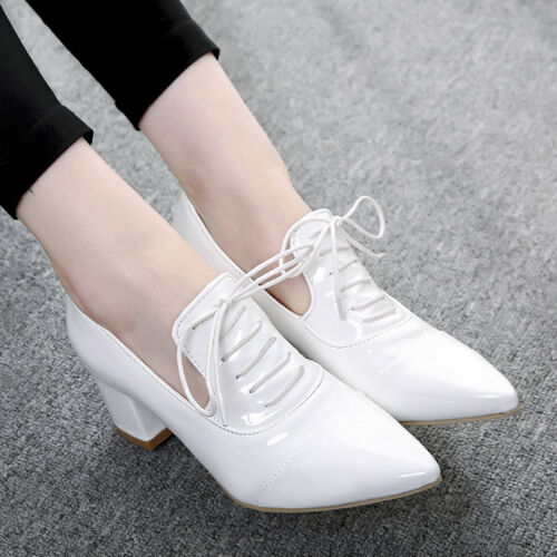 Heels Shoes Fashion Womens Pointed Toe Lace Up Oxfords Low Top Casual Block Mid