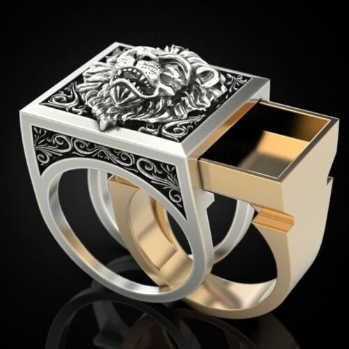 Fashion Lion Two Tone 925 Silver Rings for Men Party Ring Gift Size 7-13